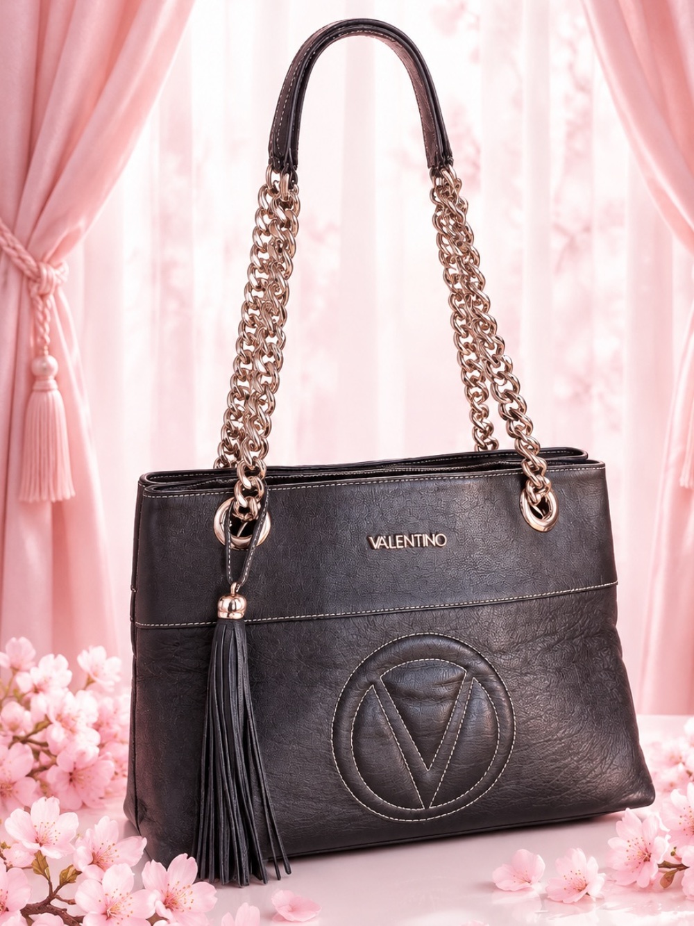 Valentino Black Leather Shoulder Bag with Gold Chain